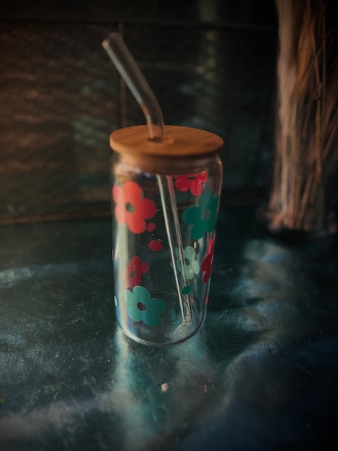 Glass Cup with Bamboo Lid And Glass Straw Flower Theme