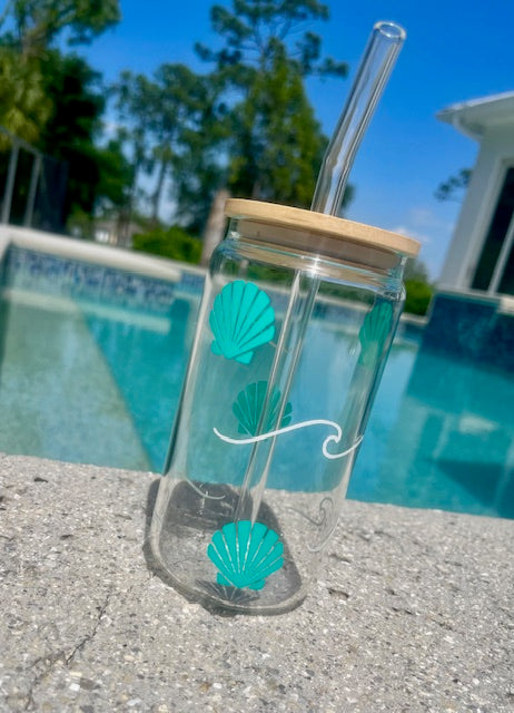 Beachy Glass Cup With Glass Straw